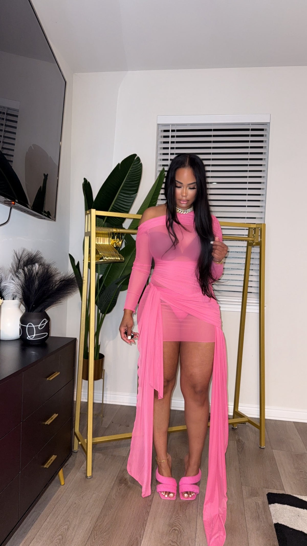 mesh pink dress Stunning Personality Pink Mesh Off-the-Shoulder Maxi Dress
